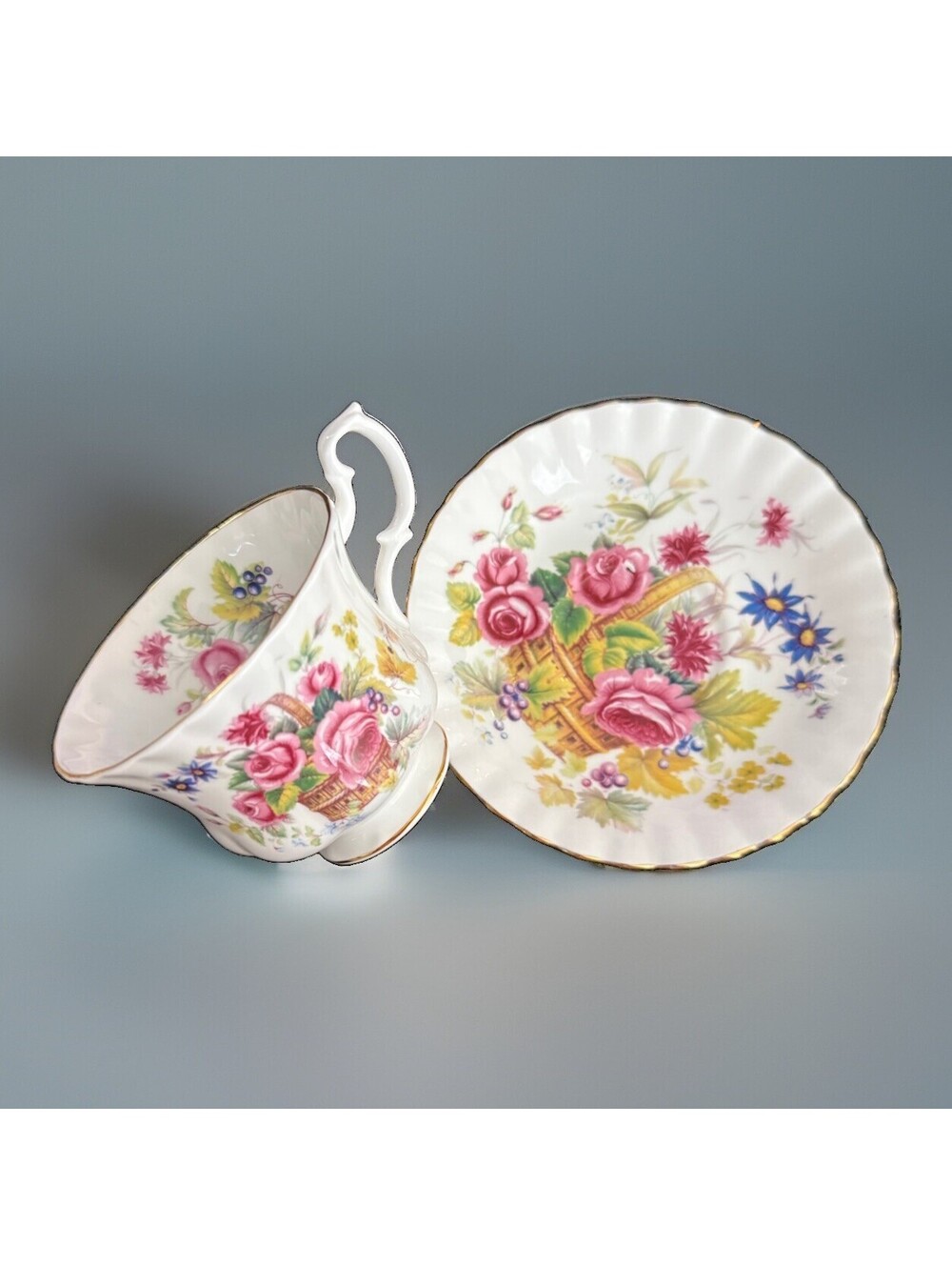 Royal Albert Floral Tea Cup Saucer Bone China Made in England Pink Roses Basket